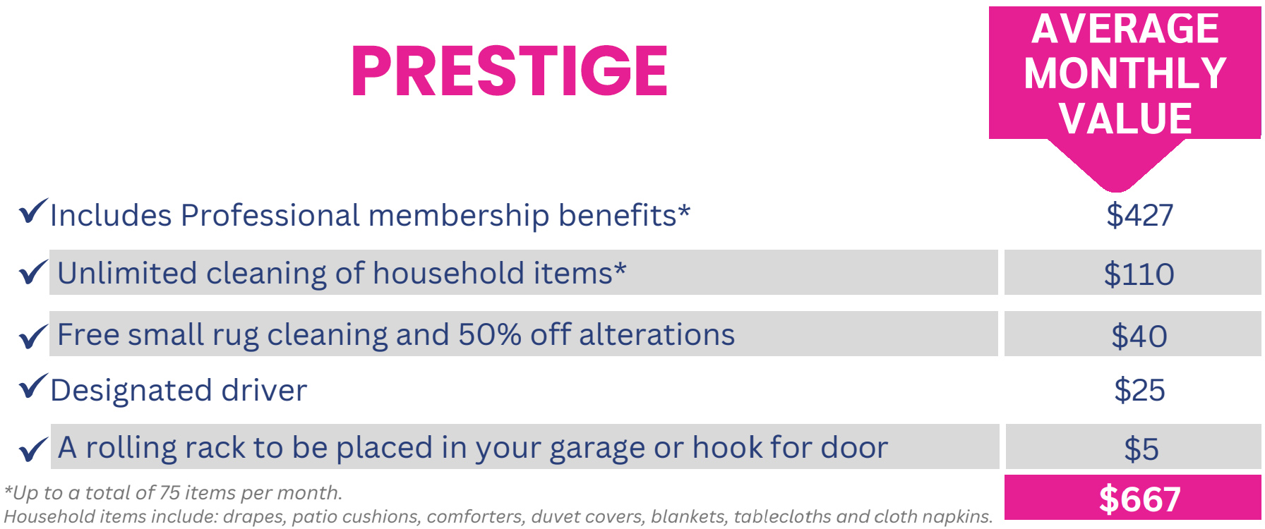 Prestige An infographic details the "Professional" service package for $427/month, including unlimited laundered shirts, dry cleaning, shoe shines, car floor mat cleaning, and pick-up and delivery options.